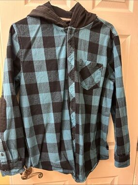 Tony Hawk Blue and Black Plaid Hooded Button-Down Shirt